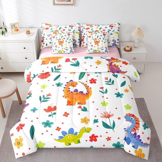 YST Dinosaur Comforter Set 7-Piece, Cute Animal Print, Colorful Flowers, Full