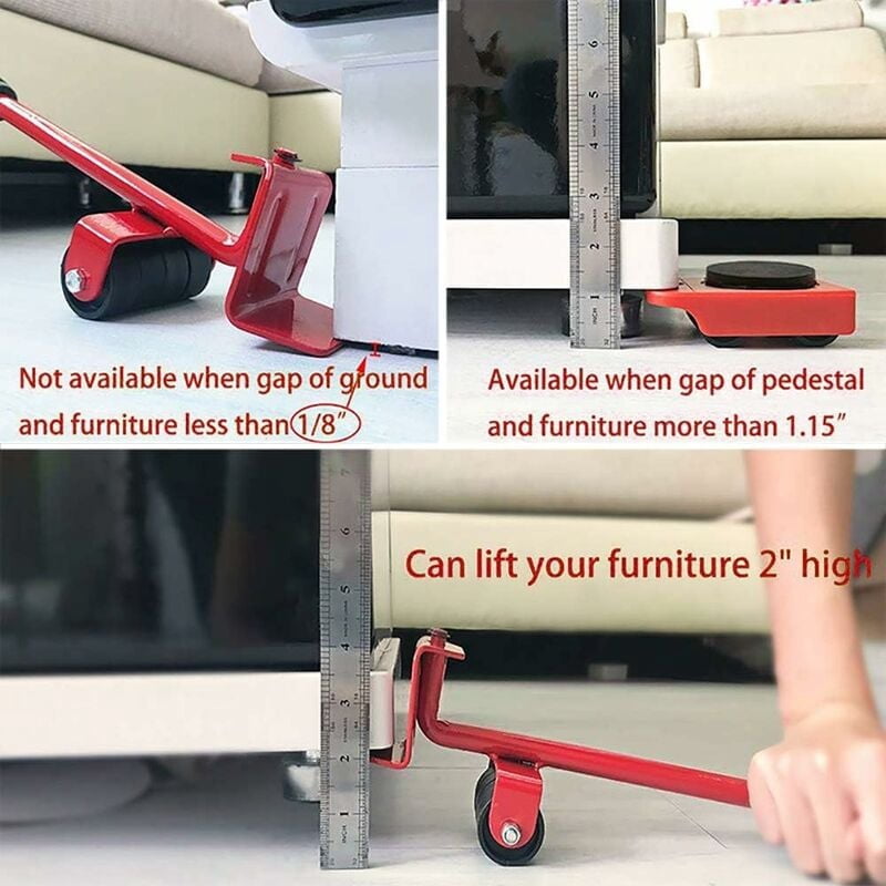 Effortless Heavy Furniture Moving Kit, Moves Furniture On Wheels, Furniture Lever And Trolley Kit, 1 Lifting Rod And 4 Moving Casters, Up To 400Kg