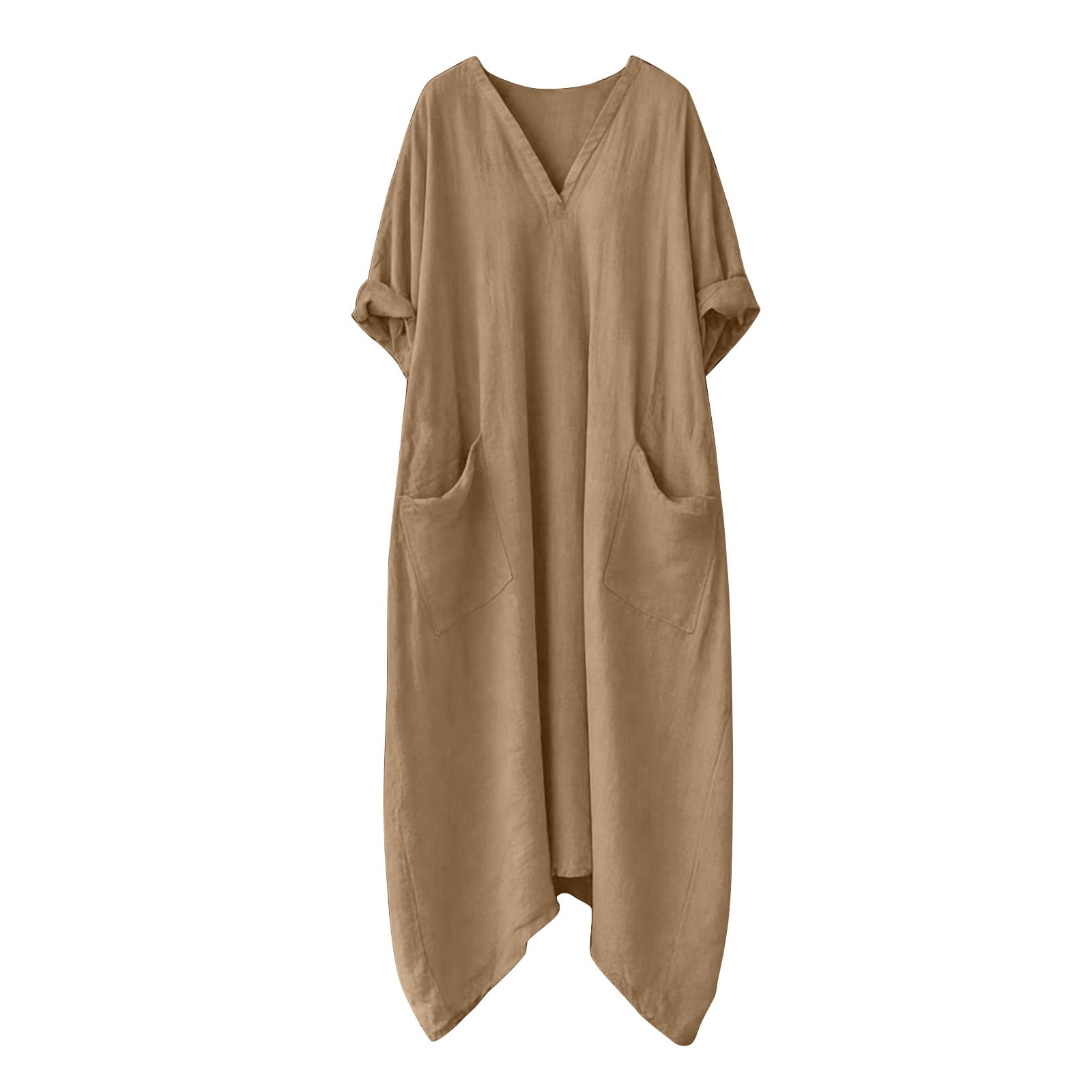 Dresses for Women, Womens Casual Loose Cotton Linen Long Shirt Dress, V-Neck Cuffed Sleeve Side Split Dresses with Pockets