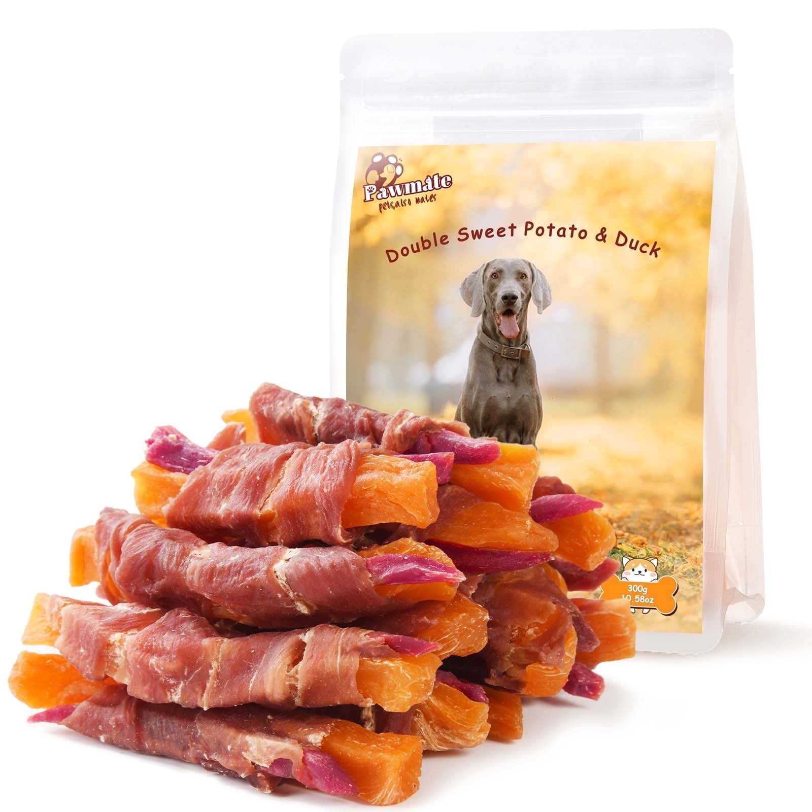 Pawmate Duck and Double Sweet Potato Dog Treats, Healthy Nutritious Chewy Snacks for All Dogs, 12-15 Count Packet