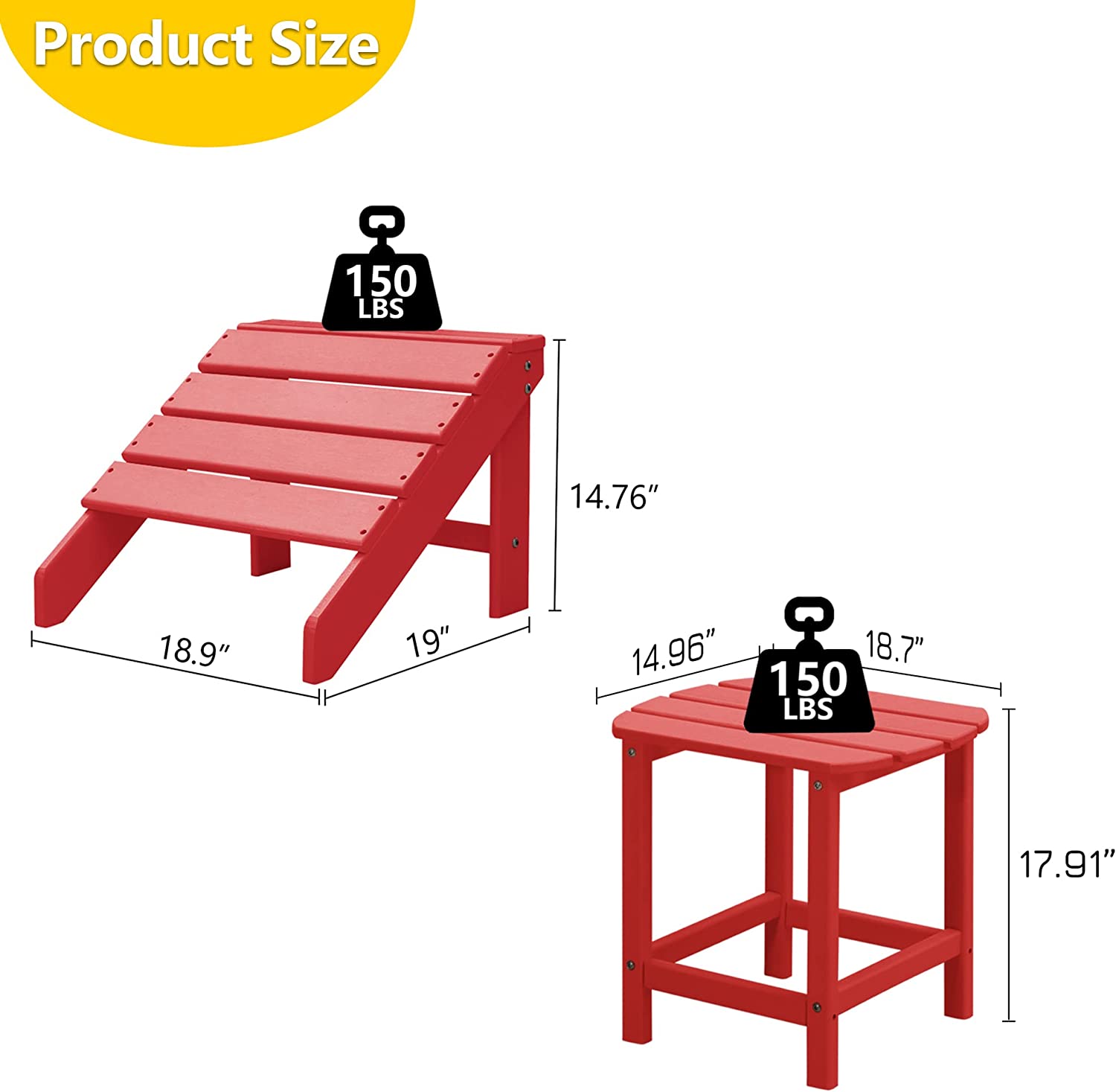 FHFO Adirondack Ottoman and Side Table for Adirondack Chairs, 2 Pieces Outdoor Adirondack Footrest & 1 Piece End Table, Weather Resistant Footstool Table for Adirondack Chair （Red） - image 2 of 5
