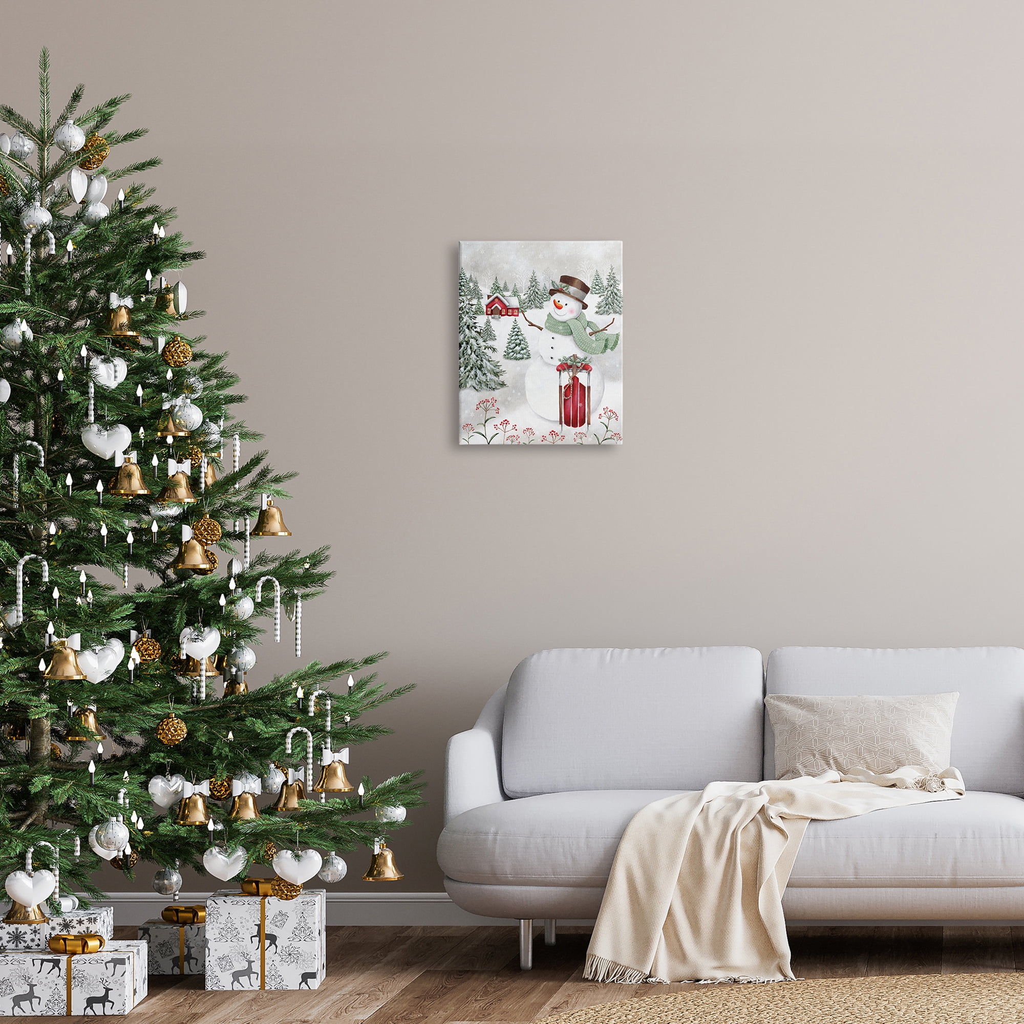 Cheerful Snowman Red Sleigh Sled Holly Botanicals Landscape Painting Gallery-Wrapped Canvas Print Wall Art