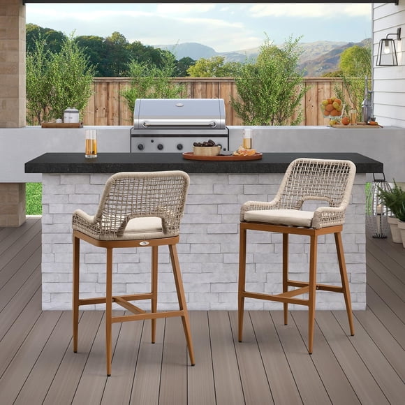 PURPLE LEAF Outdoor Bar Stools Set of 2, Rattan Woven Aluminum Boho Style with Back and Cushion, All-Weather, for Garden, Kitchen Island, Patio