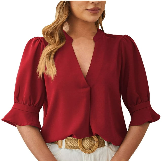 Birdeem Mode Femmes Décontracté Confortable Uni Col en V Manches 1/2 Blouse T-Shirt