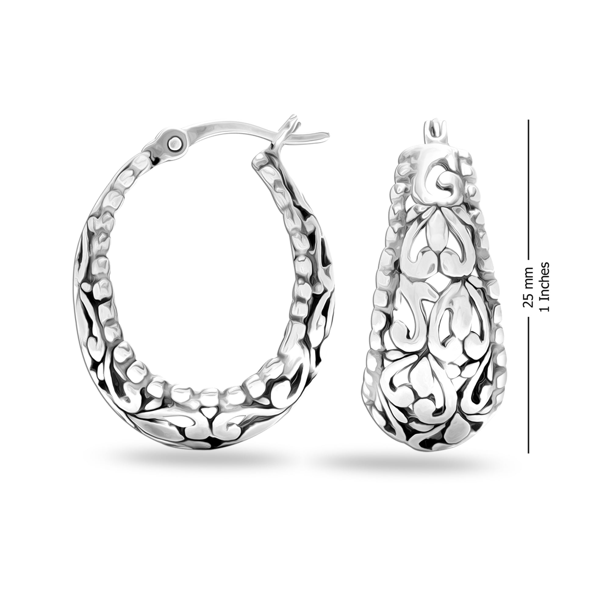 LeCalla 925 Sterling Silver Jewelry Floral Design Light-Weight Oval Filigree Hoop Earrings for Women and Teen 25MM