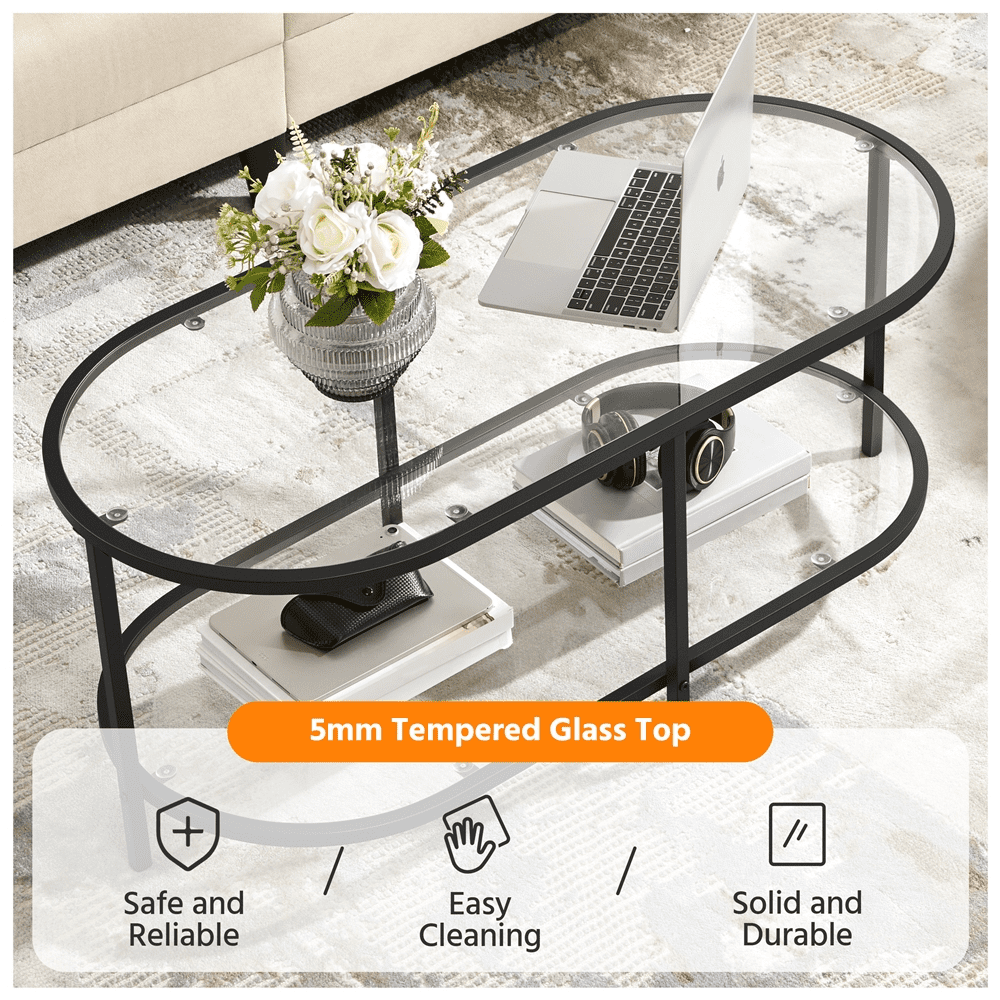 Alden Design Two-layer Modern Oval Glass Coffee Table for Living Room