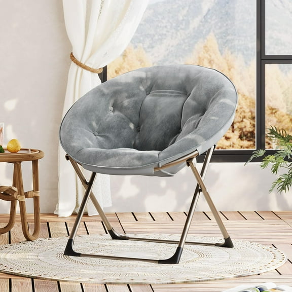 Danolapsi Comfy Oversized Saucer Chair for Adults,Soft Faux Fur Plush Folding Moon Chair, Thick Padded Stable Metal Frame Reading Lounge Chair for Bedroom, Living Room, Dorm, Office