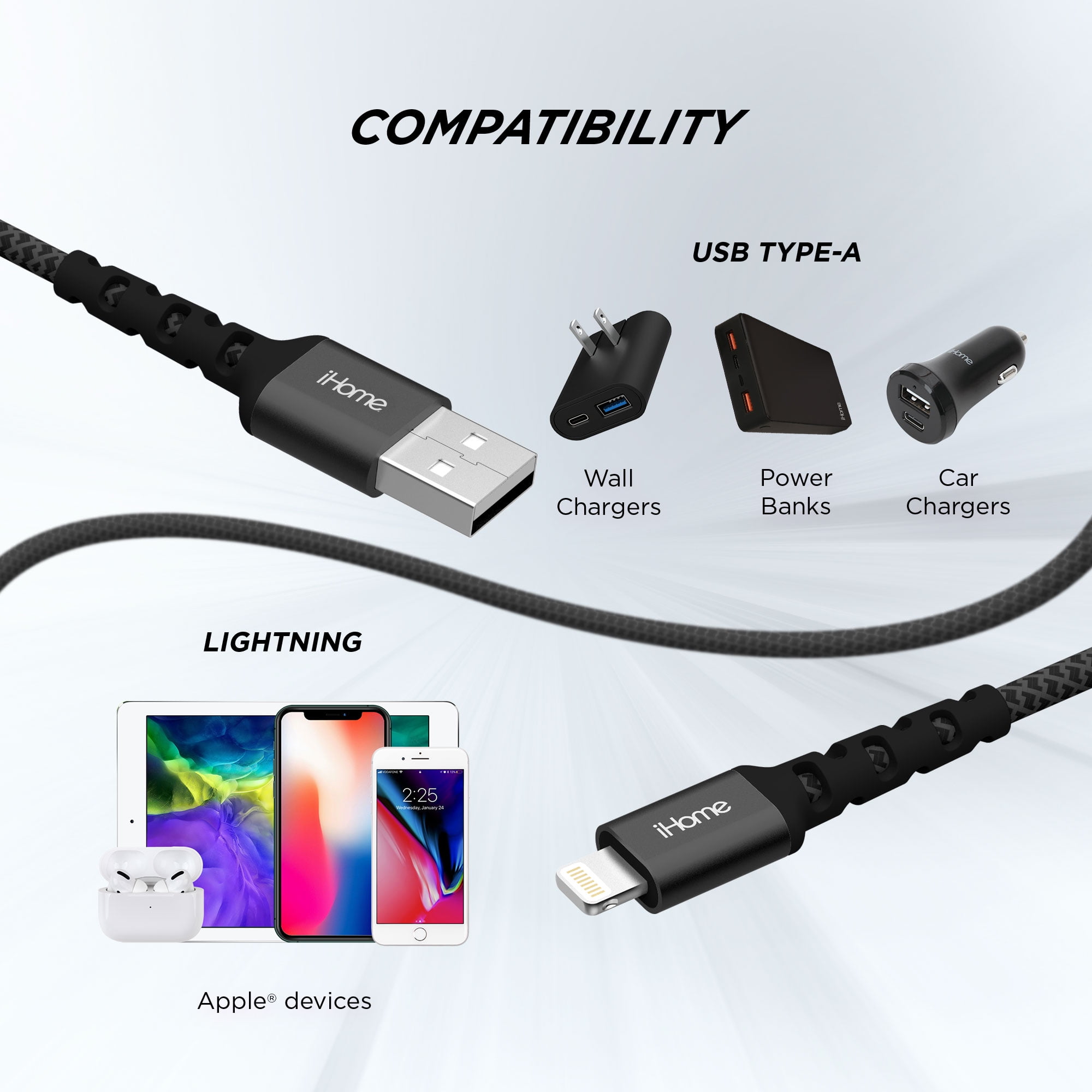 iHome Fabric Braided Lightning to USB Cable, White, 6'