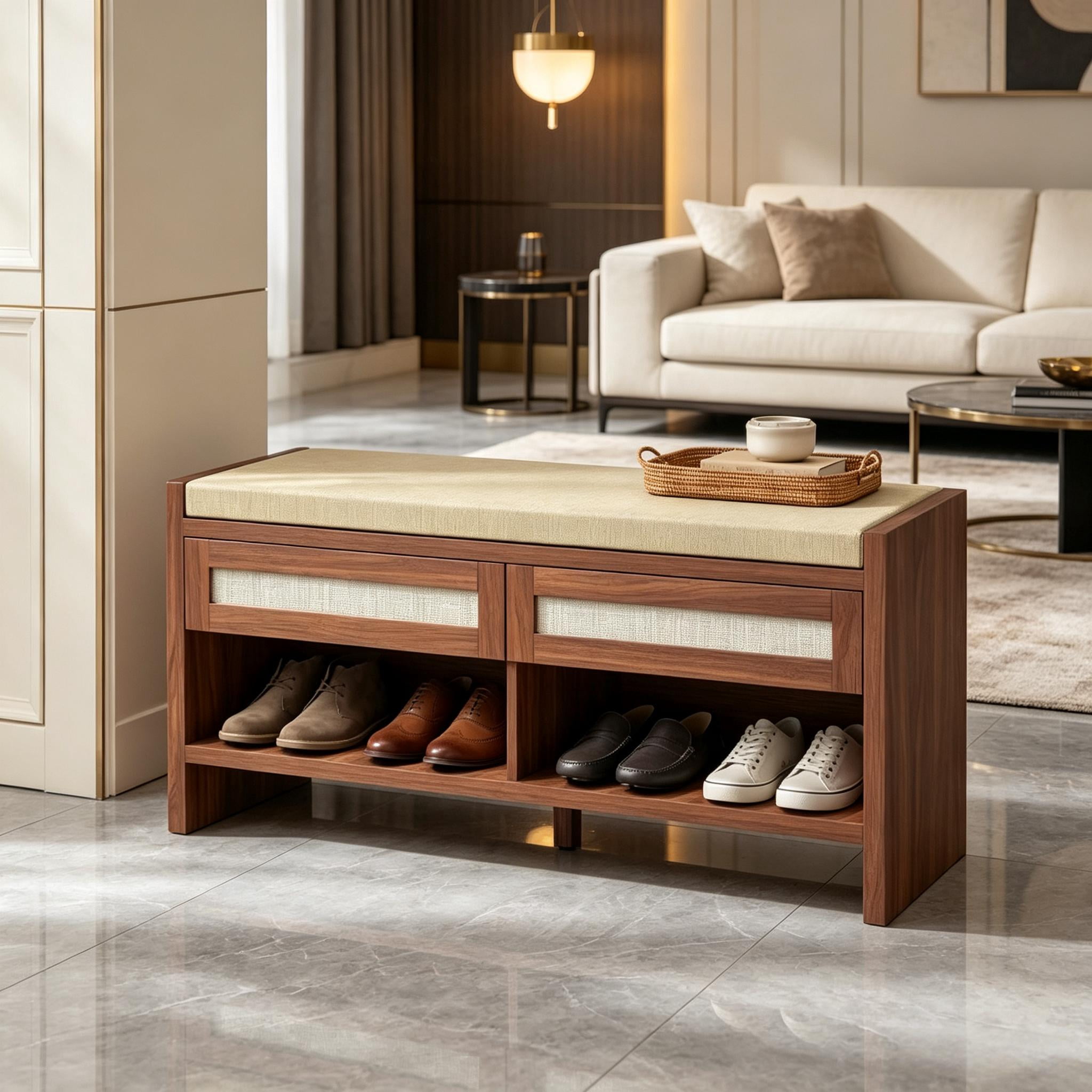 Shoe Bench with Cushioned Seat, 2 Rattan Drawers and Open Storage Shelf