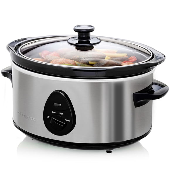 OVENTE - Olla de cocción lenta eléctrica con 3 ajustes de cocción, cerámica apta para lavaplatos, tapa de vidrio templado y olla de cerámica ovalada de 3.7 cuartos de galón, perfecta para entrantes,