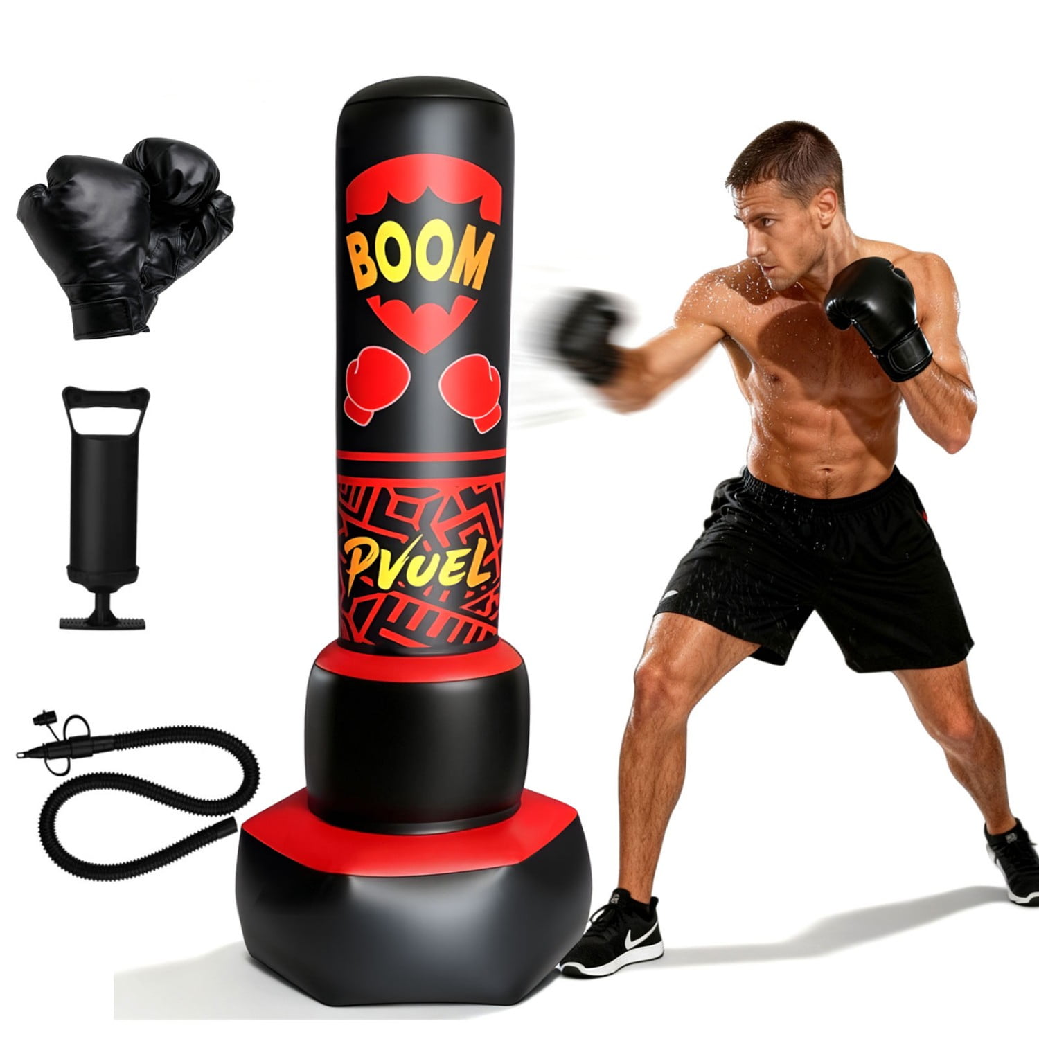67inch Boxing Punching Bag Set for Adults Teens, Inflatable Boxing Freestanding with Gloves, Pump for Kids Children Youth Men Boxing Training Equipment MMA Fitness Home Gym, Red