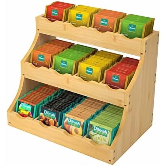 Bamboo Tea Bag Organizer, 3 Tier Holder, 12 Adjustable Partitions by Self-Assembled, 3-Layer Vertical Storage Box for Kitchen, Coffee Shops, Offices