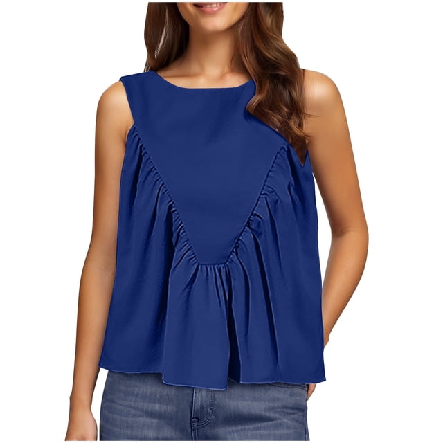 Débardeur d'Été pour Femmes Babydoll à Volants Tendance Fluide Plissé Peplum Sans Manches Blouse Col Rond Chemise Y2K