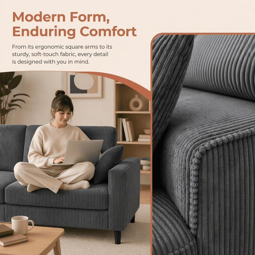 MOONMISS 81.8" Retro Corduroy Loveseat Sofa with Solid Wood Legs, 2-Seater Modern Upholstered Couch for Living Room,Bedroom,Gray