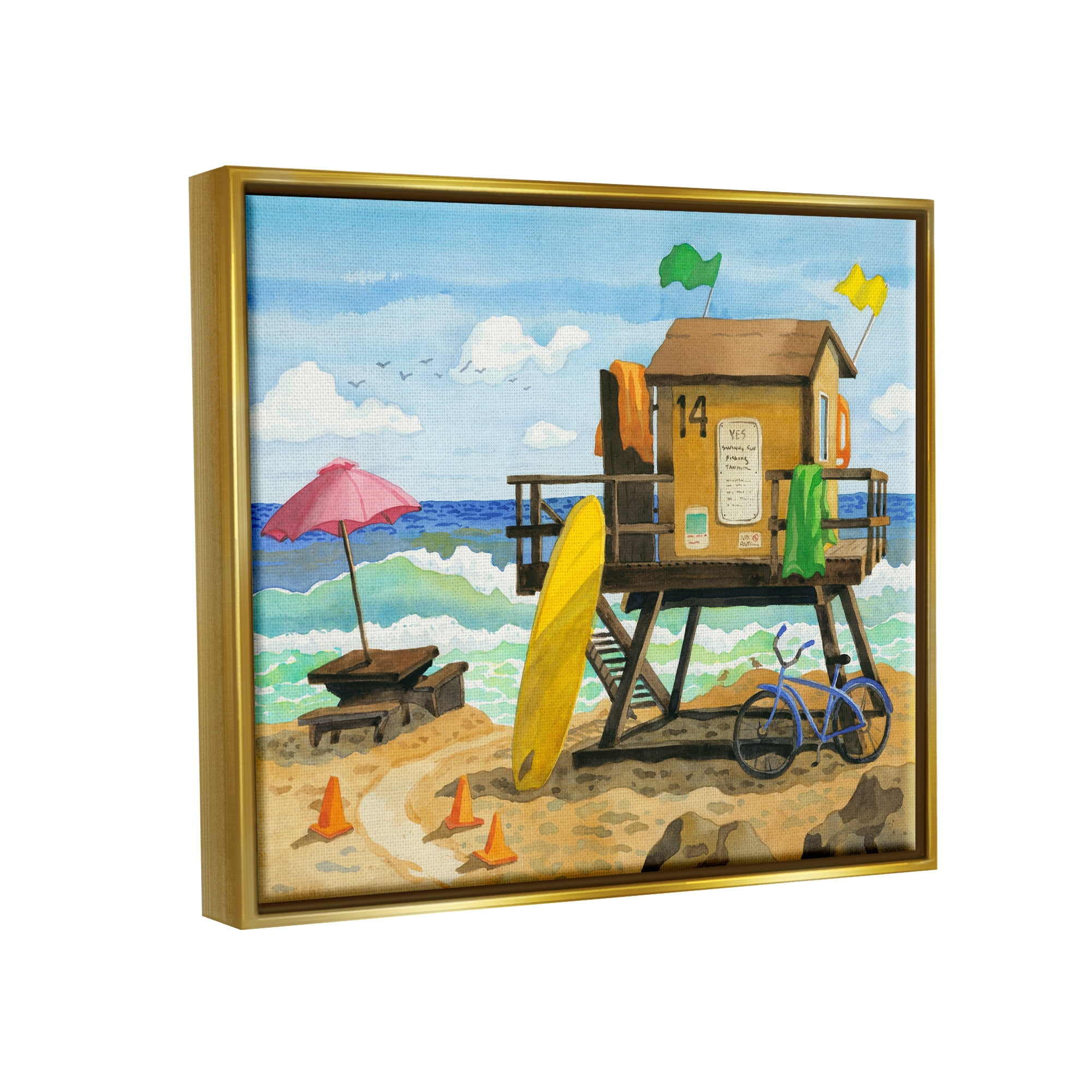 Stupell Industries Lifeguard Hut on Beach Nature Painting Gold Floater Framed Art Print Wall Art, 31 x 25