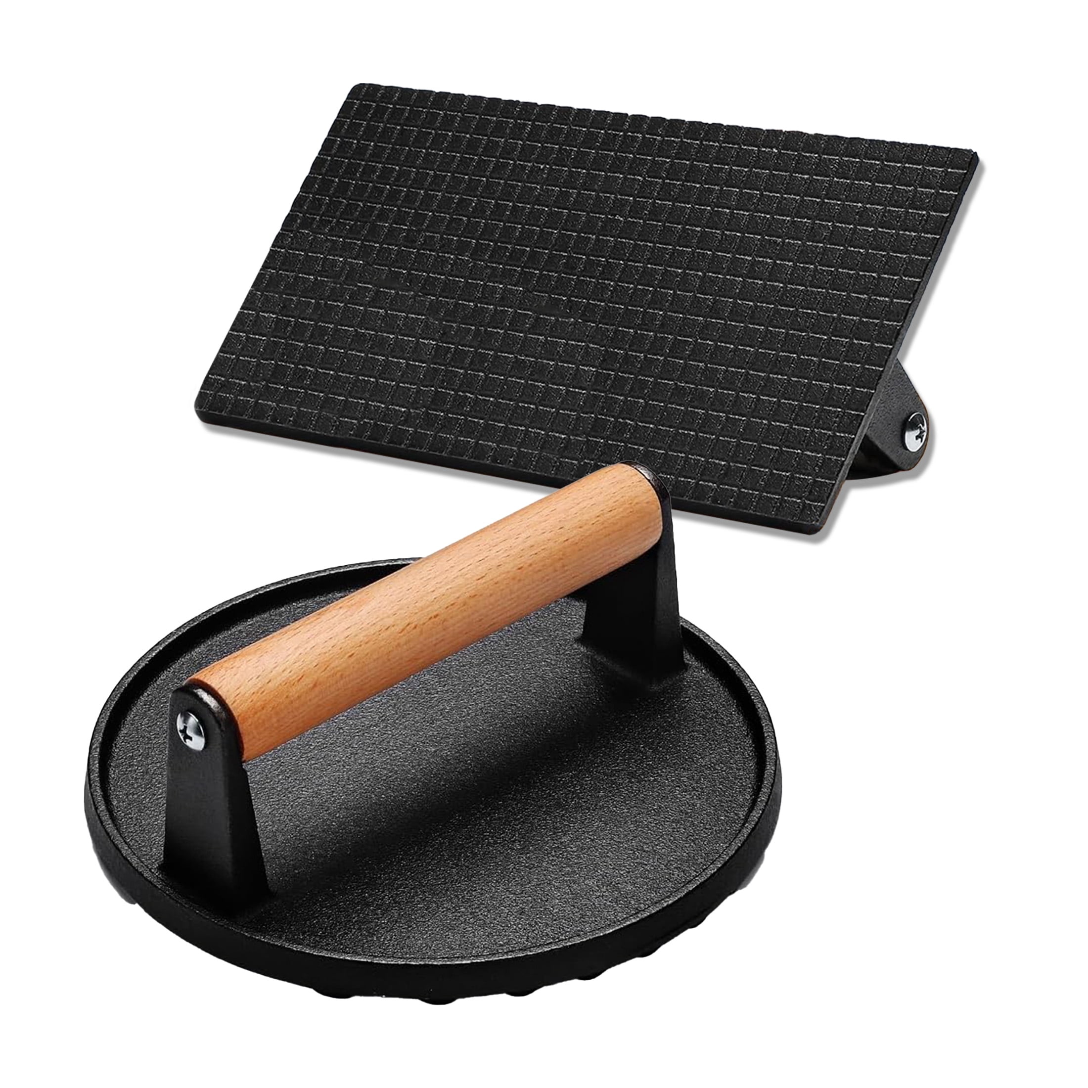 Burger Press Set, 7" Round Smash Burger Press & 8"x4" Rectangle Cast Iron Grill Press with Wooden Handle, Meat Weight Press for Griddle, Sandwiches, Panini, Nonstick Pan