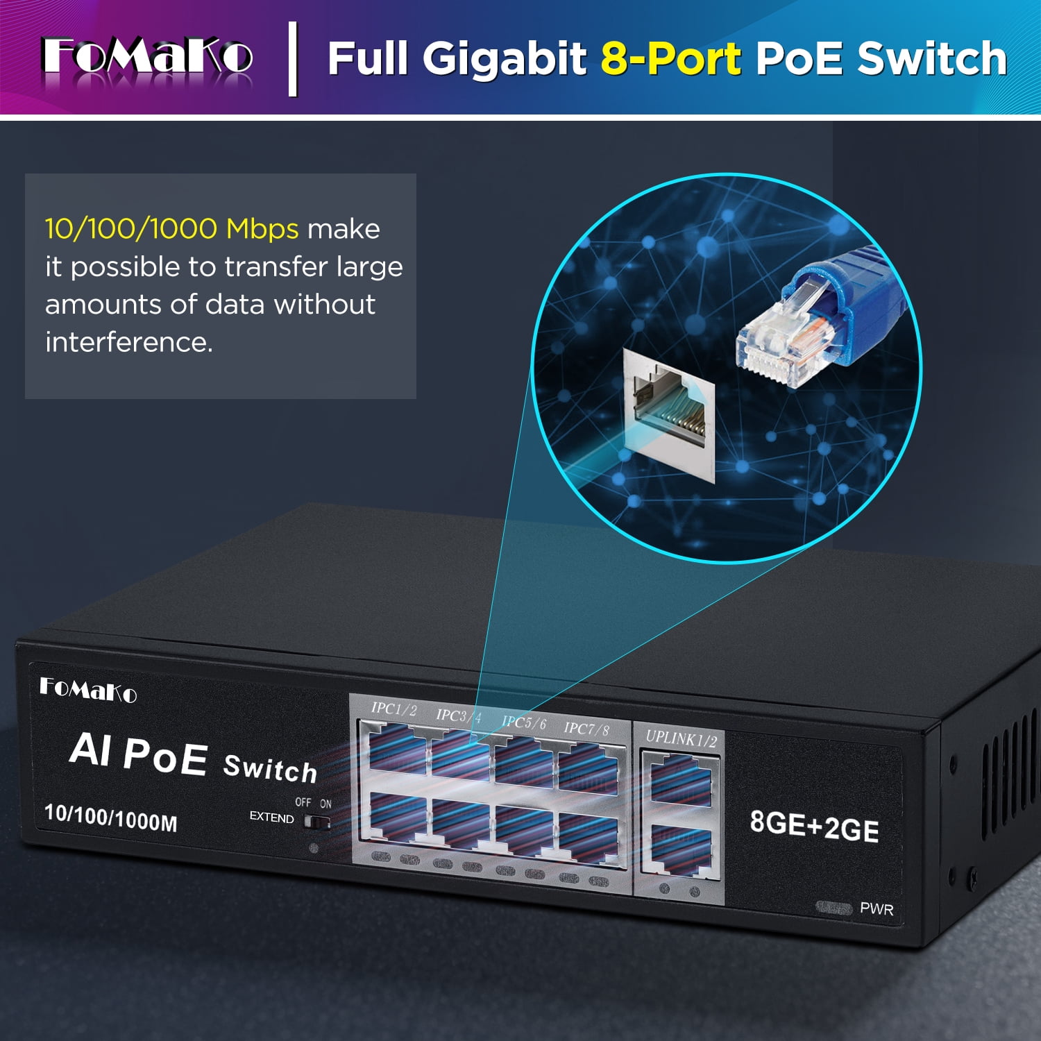 FoMaKo P1000 Computer Networking Switches| 8 PoE+ Port @ 120W | 8 Port PoE Gigabit Ethernet Switch | Plug & Play | Extend Mode | PoE Auto Recovery | Silent Operation