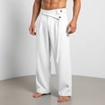 thumbnail image 2 of Men's Casual Linen Blend Relaxed Fit Straight Legs Elastic Waist Golf Dress Pants with Belt White, 2 of 5