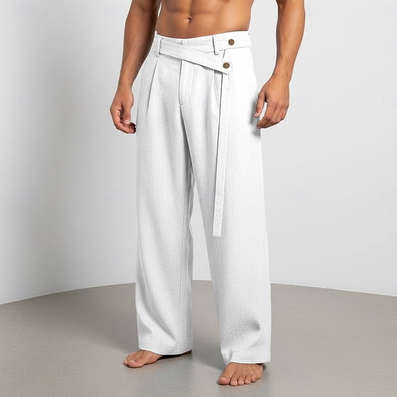 Mifsaly Straight Leg Linen Pants for Men Asymmetrical Waist Strap Button Closure High Waisted Dressy Casual Pant Office Work Lounge Trousers with Pockets S