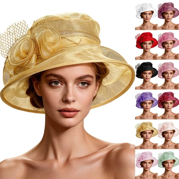 Aboser Womens Organza Church Dress Hat Wide Brim Flower Bridal Hat Cocktail Tea Party Wedding Hats