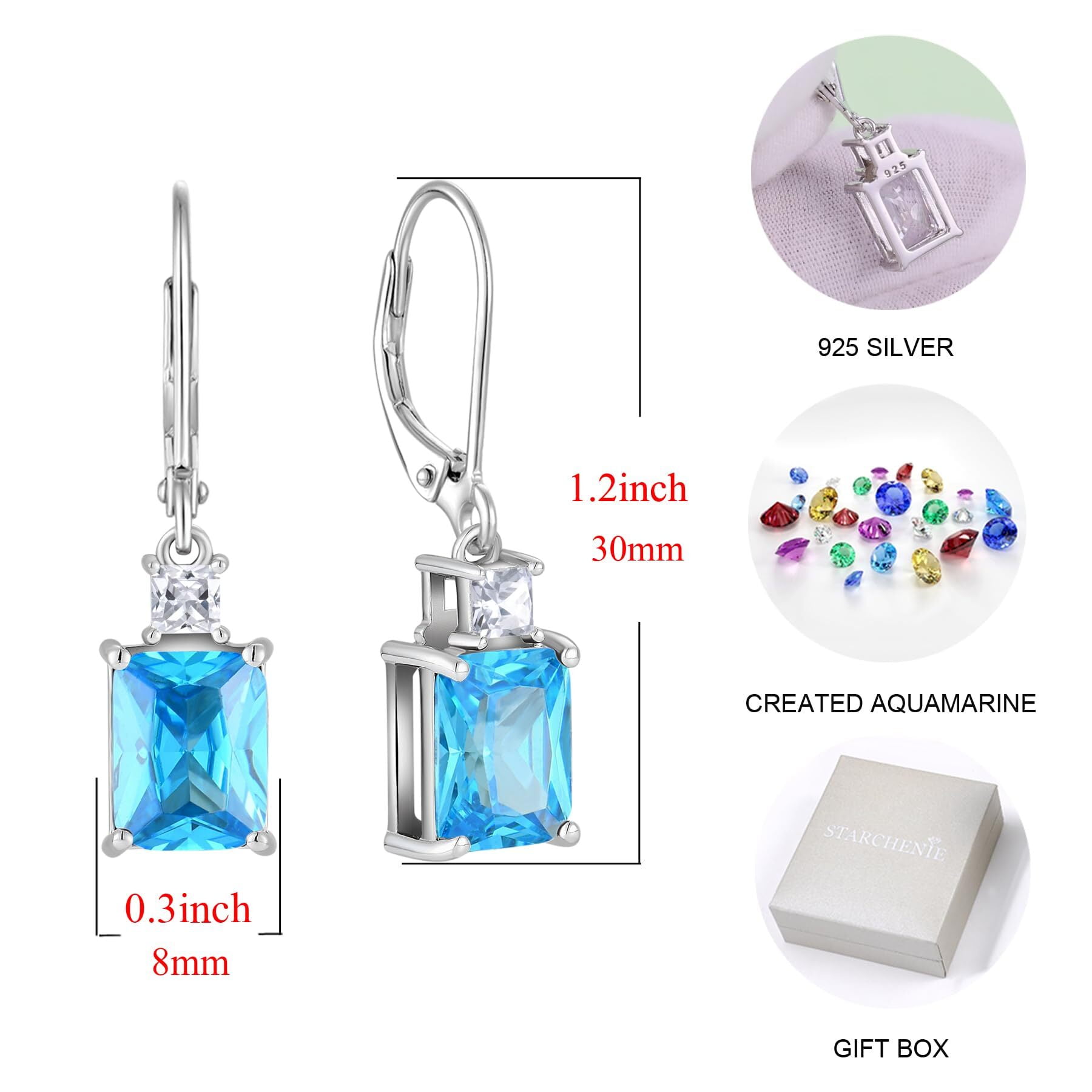 Starchenie Princess/Emerald Brilliant Cut Birthstone March aquamarine Earrings for Women Dangle Earrings Sterling Silver Leverback Earrings Birthday Anniversary Jewelry Gift