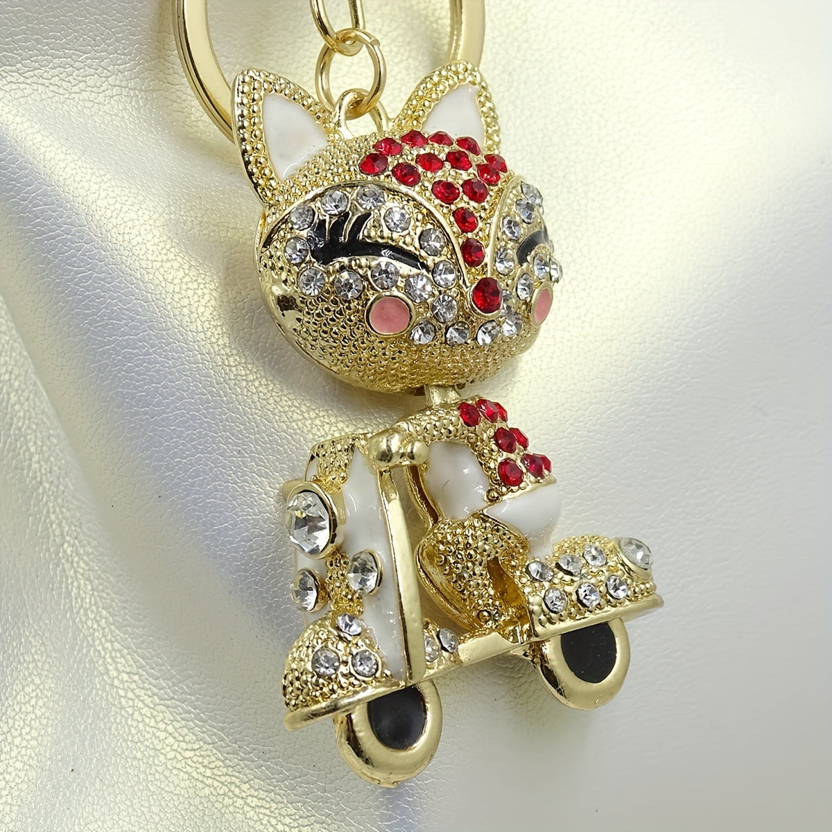 1 piece cute fox scooter keychain shiny rhinestone animal alloy key chain ring bag backpack hanging decoration car key pendant ladies girl gift