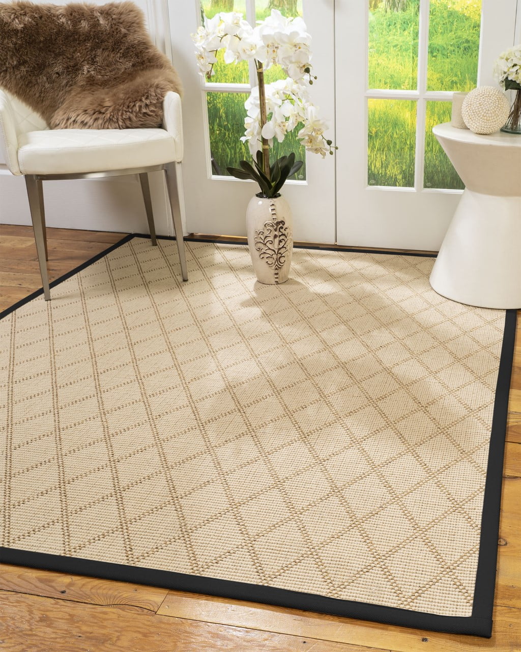 Natural Area Rugs Porto Custom Wool Sisal Rug, 8', Square Black Border