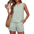 thumbnail image 3 of Laqbezok Women's 2-Piece Linen Cotton Set, Casual Sleeveless Striped Tank Top and Shorts with Pockets, Loose Fit Summer Beach Outfits Loungewear, 3 of 6