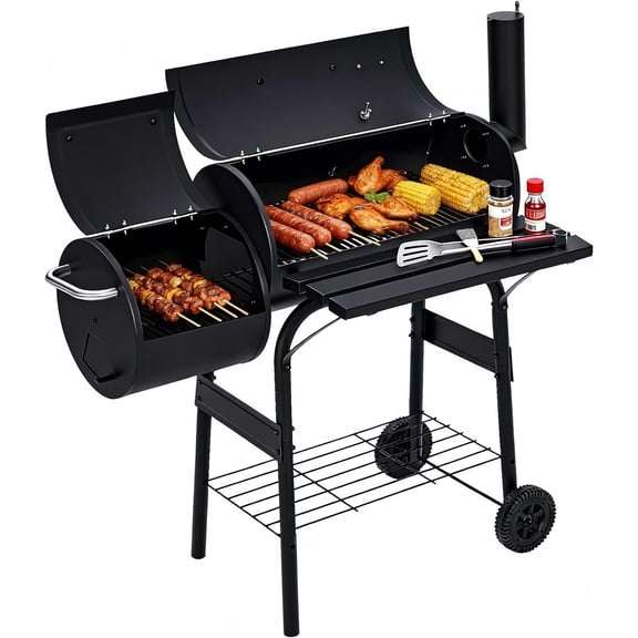 Charcoal Grill Offset Smoker Combo 358 Sq In BBQ Smoker with Wheels and Thermometer