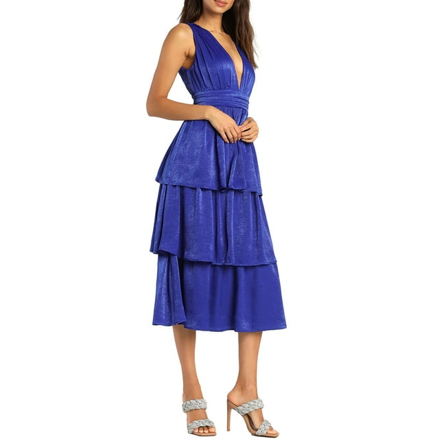 Faithtur Robes de Soirée Midi d'Été pour Femmes Couleur Unie Sans Manches Col en V Robe de Soirée à Volants