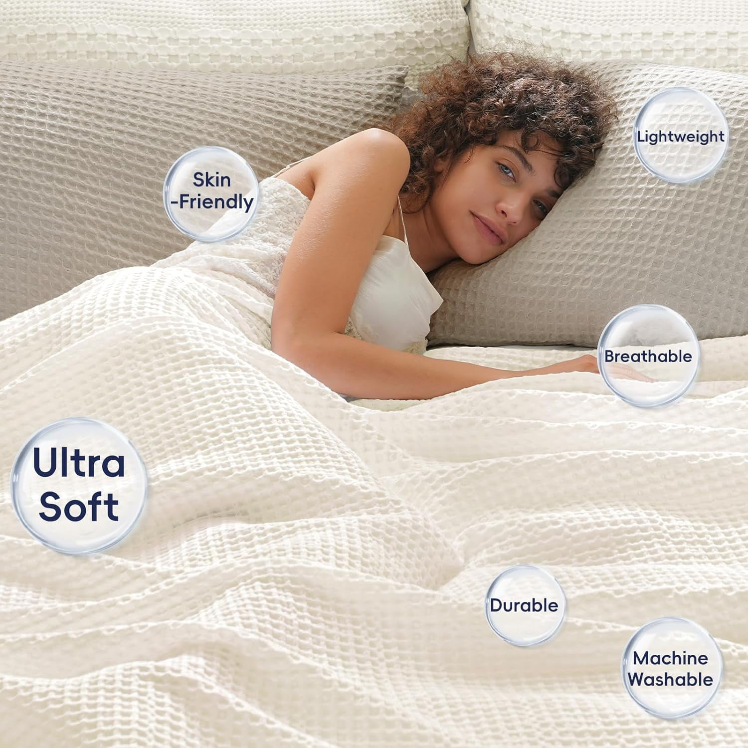 PHF Ultra Soft Waffle Weave Blanket King Size, Washed Lightweight Summer Breathable Blankets for Hot Sleeper, Coconut White, 104x90 inches
