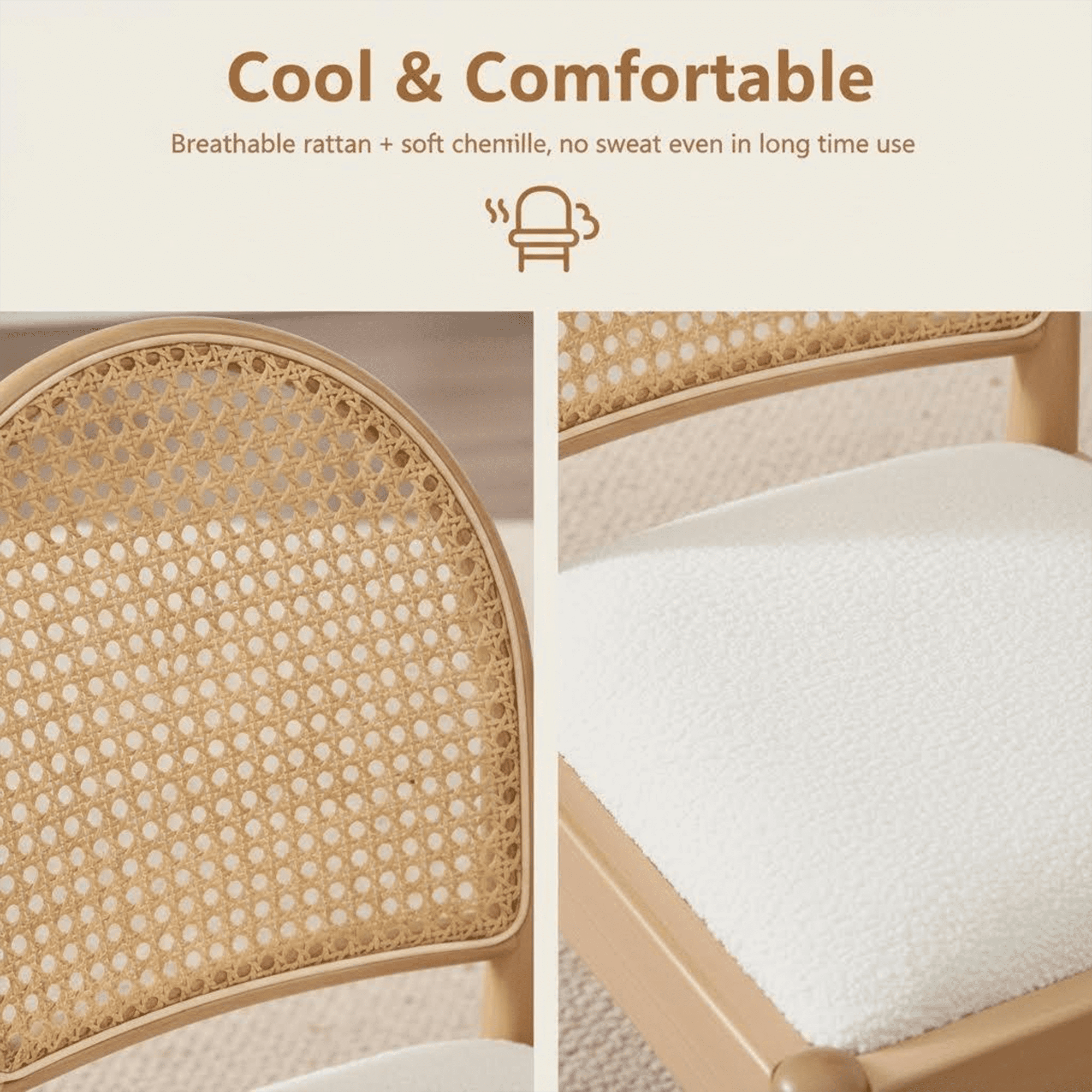 Leumius Rattan Dining Chairs Set of 2, Upholstered Linen Dining Room Chairs with Backrests, Modern Kitchen Chairs with Wood Legs for Dining Room, Beige