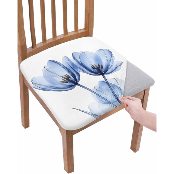Light Blue Tulip Chair Seat Covers for Dining Room Stretch Chair Seat Covers Set of 2, Farmhouse Abstract Elegant Flowers Chair Seat Protector Cushion Slipcovers for Kitchen Restaurant Office