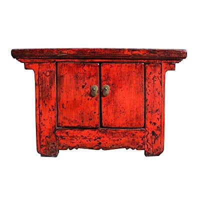 Distressed Chinese Red Low Console Table Cabinet Acs2309