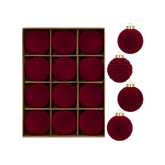 Velvet Flocked Burgundy Christmas Ball Ornaments Set for Tree and Holiday Decor, 12 Count