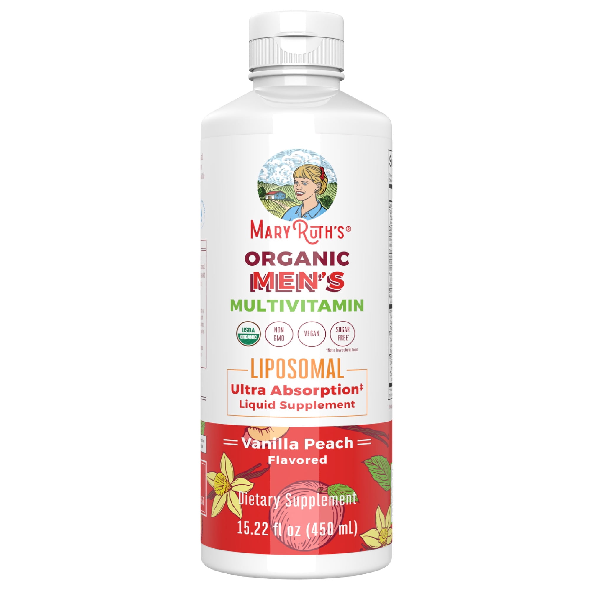 MaryRuth's USDA Organic Men's Multivitamin Liposomal for Energy Support, Immunity, Metabolism, Overall Health, Vanilla Peach Flavor, 15.22 fl oz