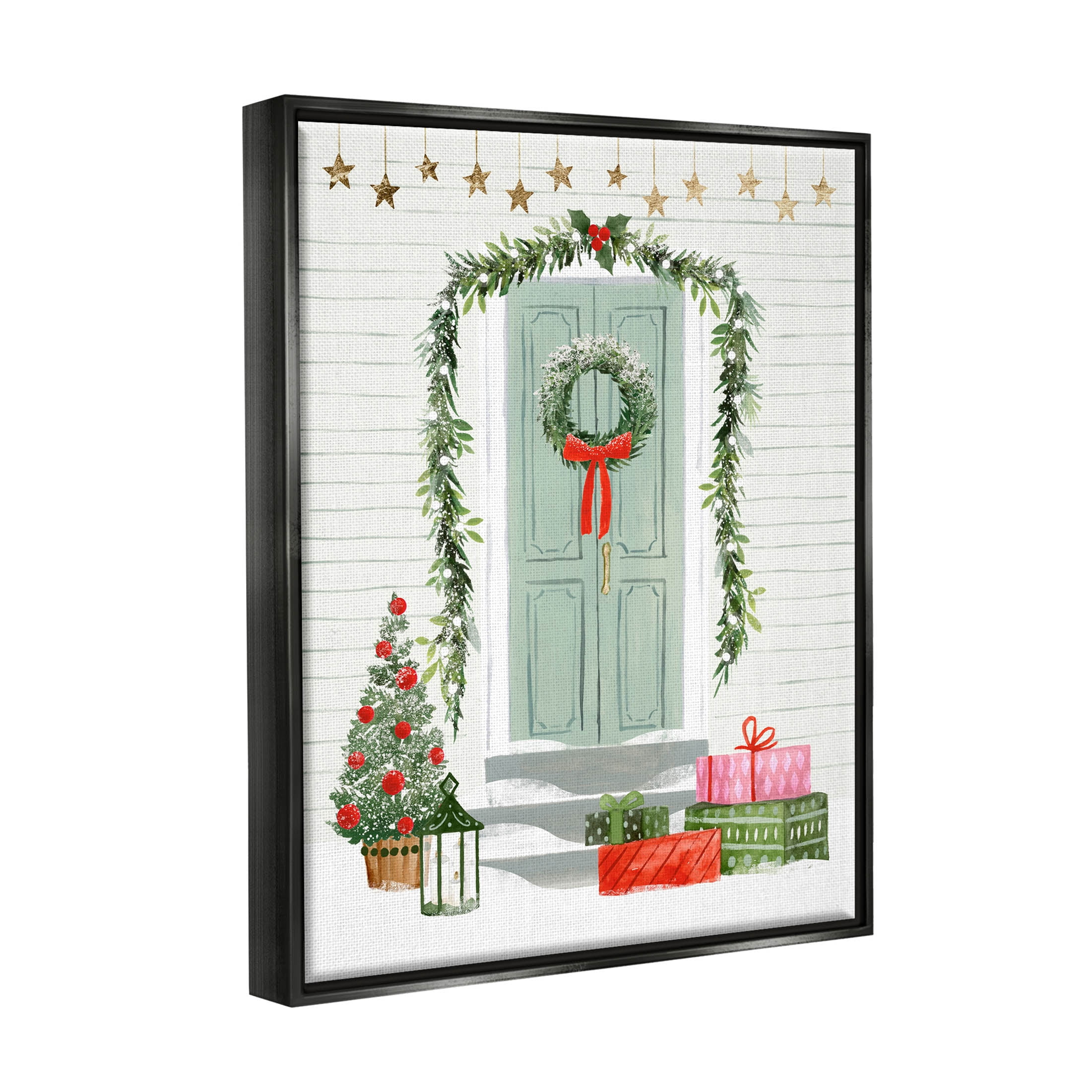 Stupell Industries Christmas Presents Wreath Doorstep Graphic Art Jet Black Floating Framed Canvas Print Wall Art, Design by Victoria Barnes