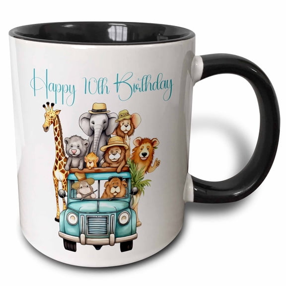 3drose, Safari Animal Happy 10th Birthday, 15oz Two-tone Black Mug