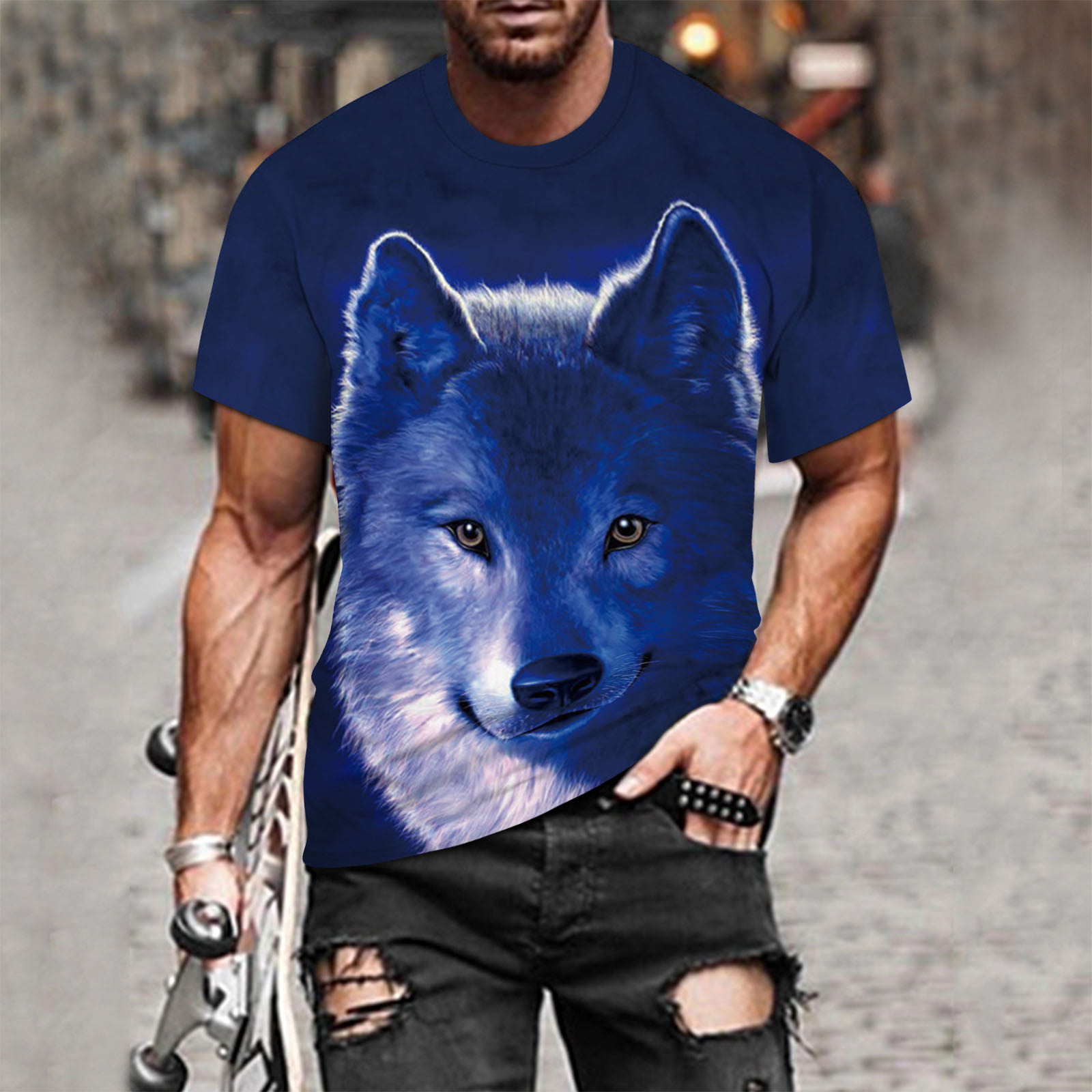 Fashion Men Casual T-Shirt 3D Funny Print Wolf Short Sleeve Tops Tee Hot Sale