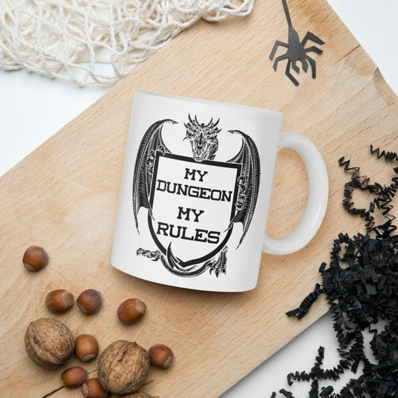 Gaming White Glossy Mug-My Dungeon My Rules-Dragon/Shield (11 oz)