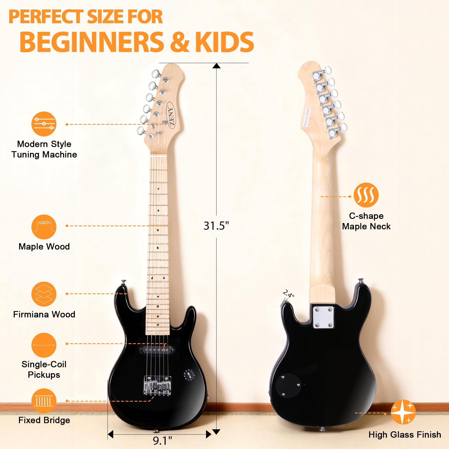 ZenSports 30-Inch Kids Electric Guitar 3/4 Size Beginner’s Guitar W/Amp & Accessories Pack, Right-Handed Black