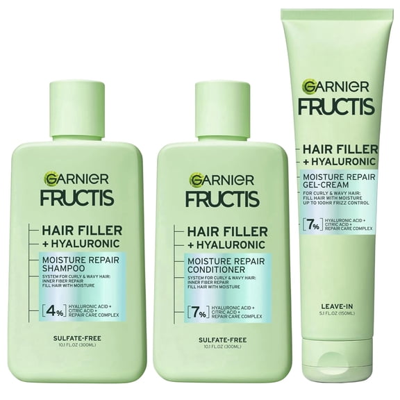Garnier Fructis Hair Filler Moisture Repair Shampoo and Conditioner   Gel-Cream Set, Hair Care for Curly, Wavy Hair with Hyaluronic Acid, 3 Items, 1 Kit