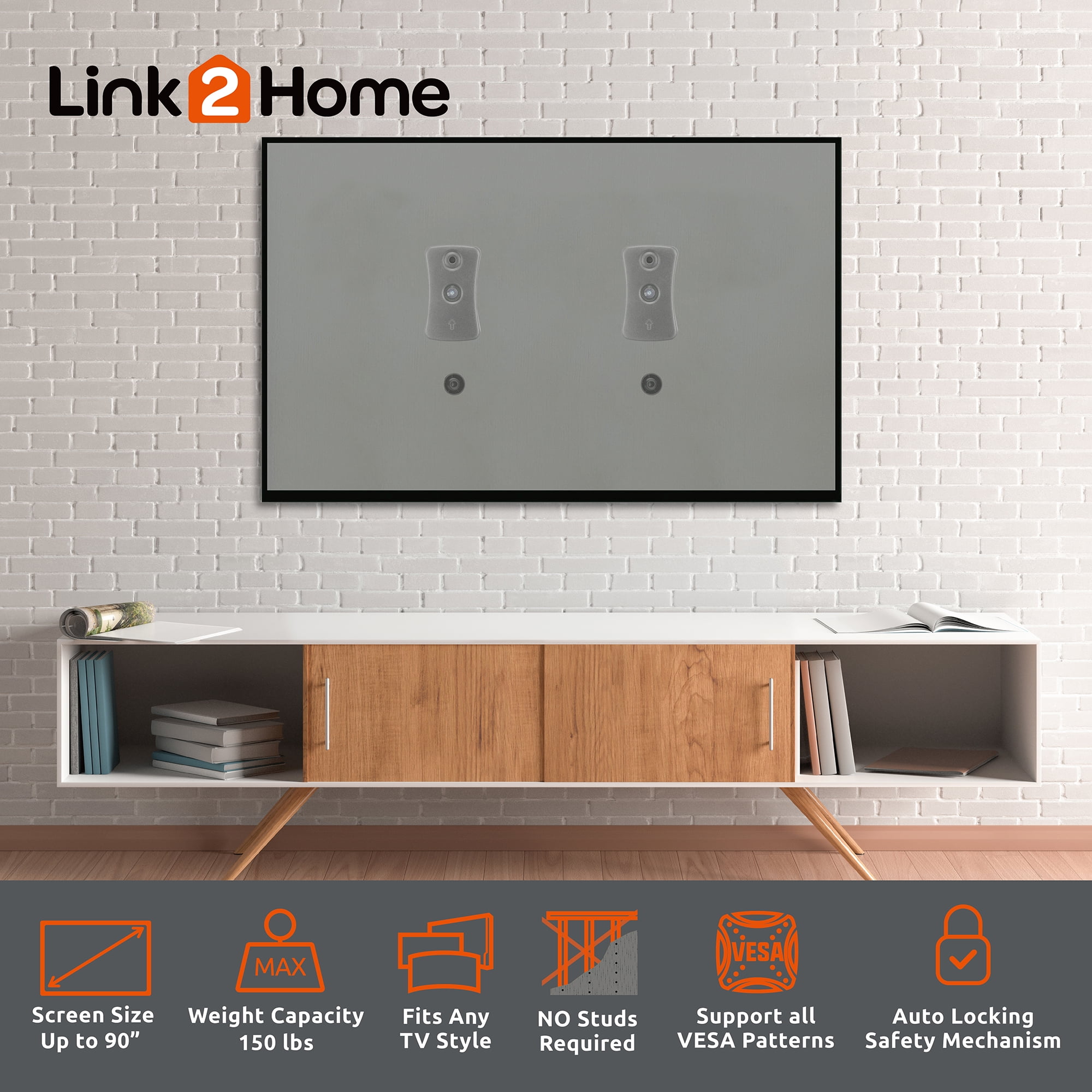 Link2Home Premium Fixed TV Wall Mount for Any TV Types and Sizes up to 90 in. Can be Mounted Directly on The sheetrock /plasterboard Walls, No Studs Required. up to 150 lbs. VESA Patterns 100/800.