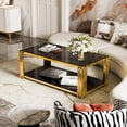 thumbnail image 4 of 47.5" Square Glass Coffee Table,Luxury Center Table Living Room Table,Gold Stainless Steel Irregular Leg,Double-Layer Structure,Black Glass Desktop,Black+Gold, 4 of 8
