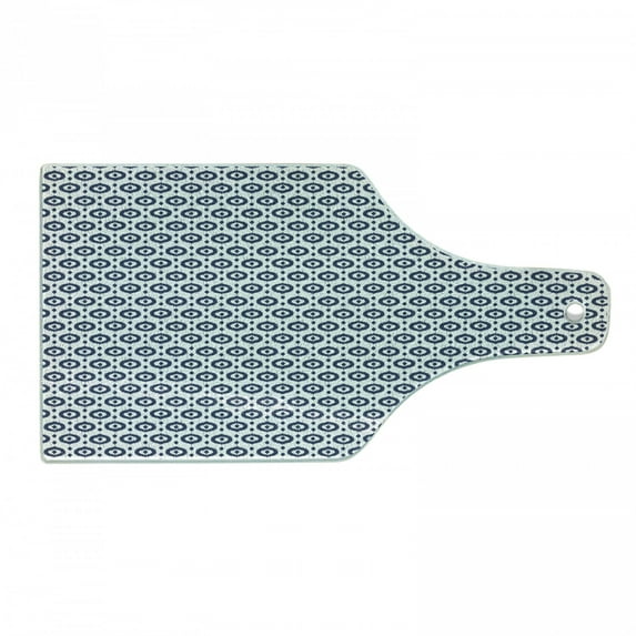 Ikat Cutting Board, Indonesian Traditional Pattern Ornamental Geometric Motifs with Circles and Dots, Tempered Glass Cutting and Serving Board, Wine Bottle Shape, Night Blue White, by Ambesonne
