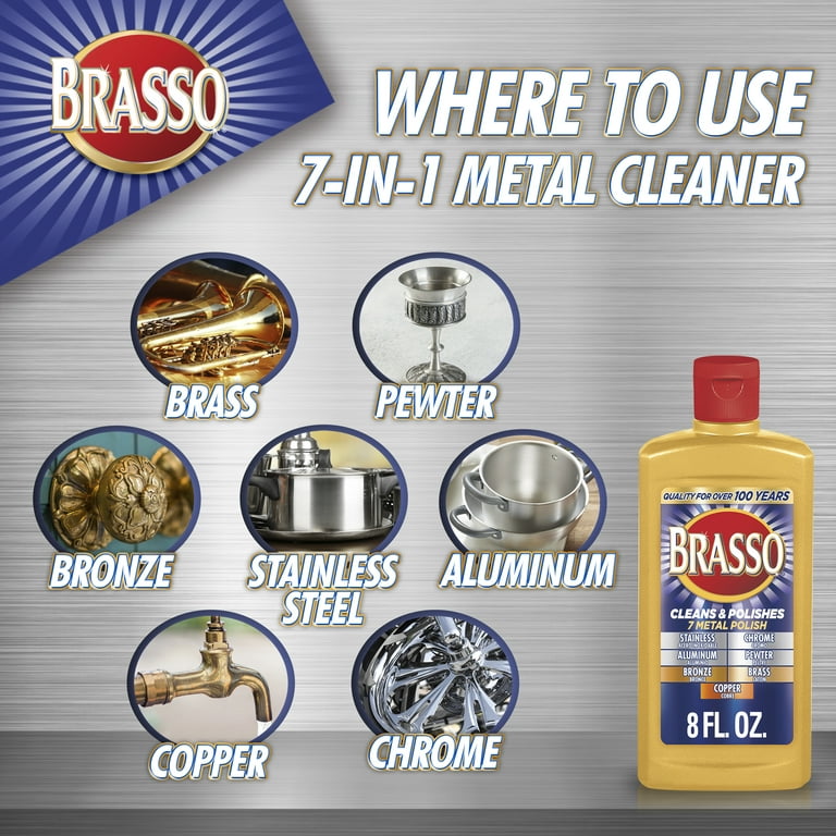 Brasso Metal Polish, 8 oz Bottle for Brass, Copper, Stainless, Chrome,  Aluminum, Pewter & Bronze, 8 oz (Pack of 2)