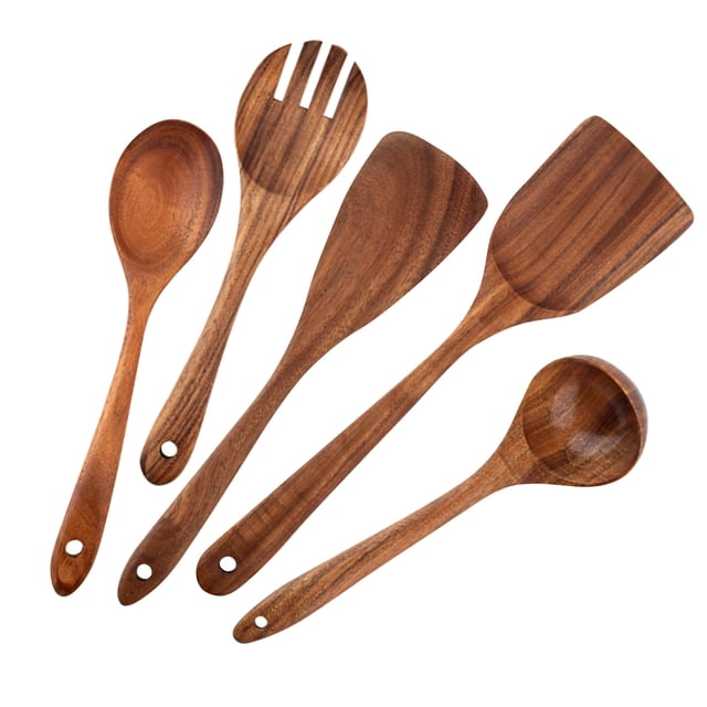 Juego de utensilios de cocina de teca natural - Cuchara de cocina de agarre cómodo, cuchara de madera para cocinar - Juego de utensilios de madera para cocinar, utensilios de cocina antiadherentes de