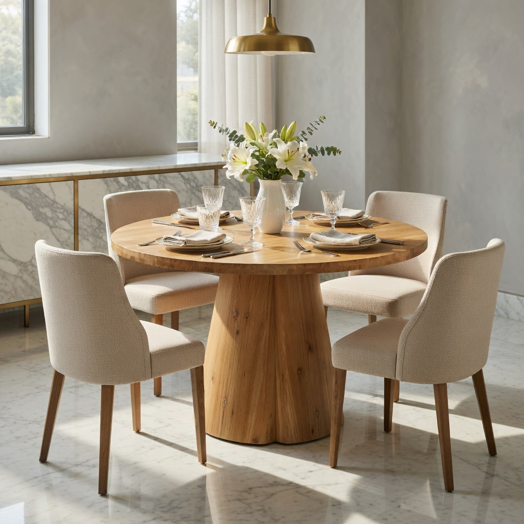 Hommoo 47.24" Solid Wood Round Dining Table, Farmhouse Pedestal Kitchen Table for 4 to 6 People, Natural