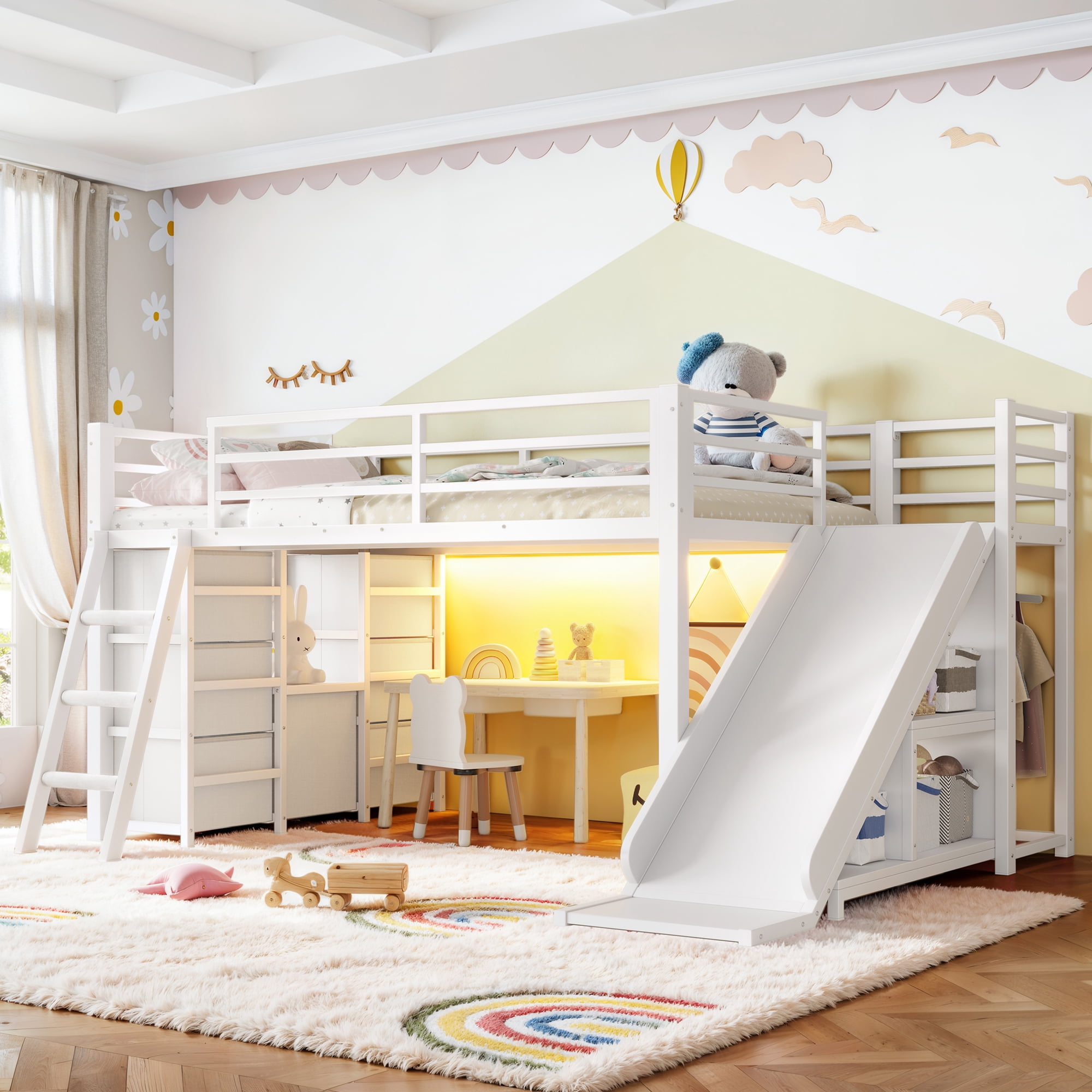 Leumius Twin Size Metal Loft Bed with Slide & Ladder, Metal Loft Bed with Storage Drawers and Hanging Area, LED Lights,Antique White