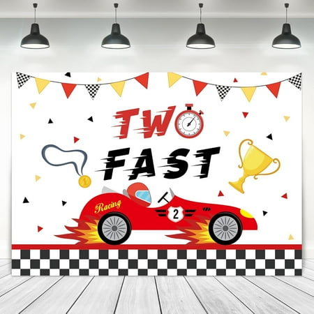 Two Fast Birthday Backdrop for Boys Kids Red Race Car Birthday Decorations 2nd Birthday Banner Photography Growing Up Cartoon Racing Car Theme Party Background Photo Booth Props Supplies